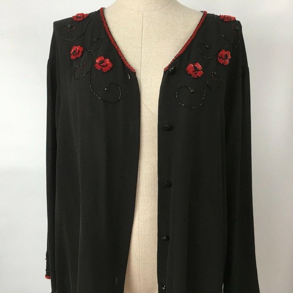 Carole Little Womens Silk Top Black Size 4 Blouse Red Semi Sheer Flower Bead VTG - Picture 7 of 10